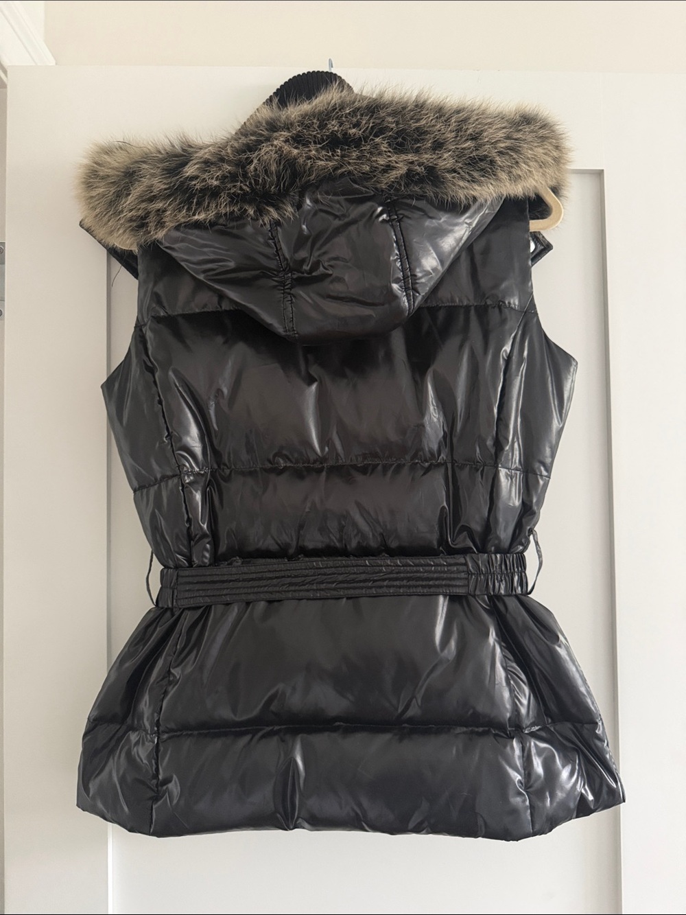 Michael Kors Black Shiny Quilted Puffer Vest with Faux Fur Hood - Picture 13 of 15